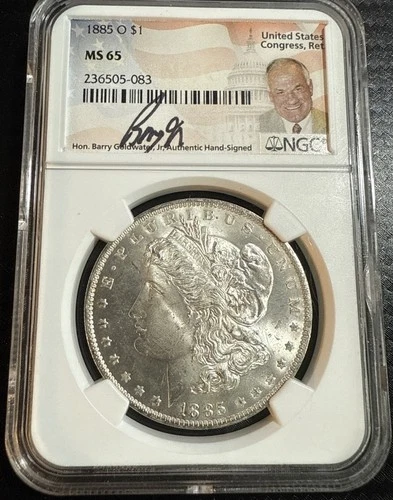 1885-O Silver Morgan $1 Dollar - Barry Goldwater Jr Signed - NGC MS 65