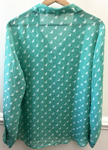 SALON STUDIO Seaglass Green Cat Print Button Up Blouse Women’s Size L - Picture 4 of 4