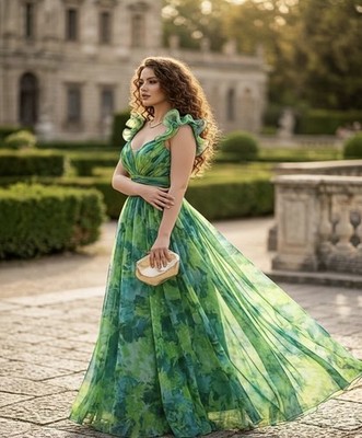 Green/Blue Floral Chiffon V-Neck Ruffle Short Sleeve Lined Maxi Dress S