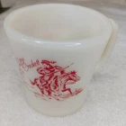 Vtg Fire King Milk Glass Davy Crockett Child Mug Red Western 1950s Oven Ware