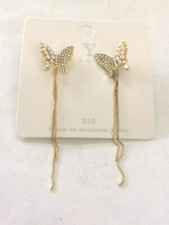 GOLD TONE METAL TASSEL BUTTERFLY RHINESTONE CRYSTAL PEARL DANGLE STUD EARRINGS