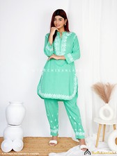 Green Organic Cotton Chikankari Kurta Set Lucknow Chikankari Handmade Cord Set