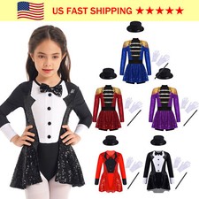 Kids Girls Sequins Circus Ringmaster Magician Costume Dancewear Leotard Cosplay
