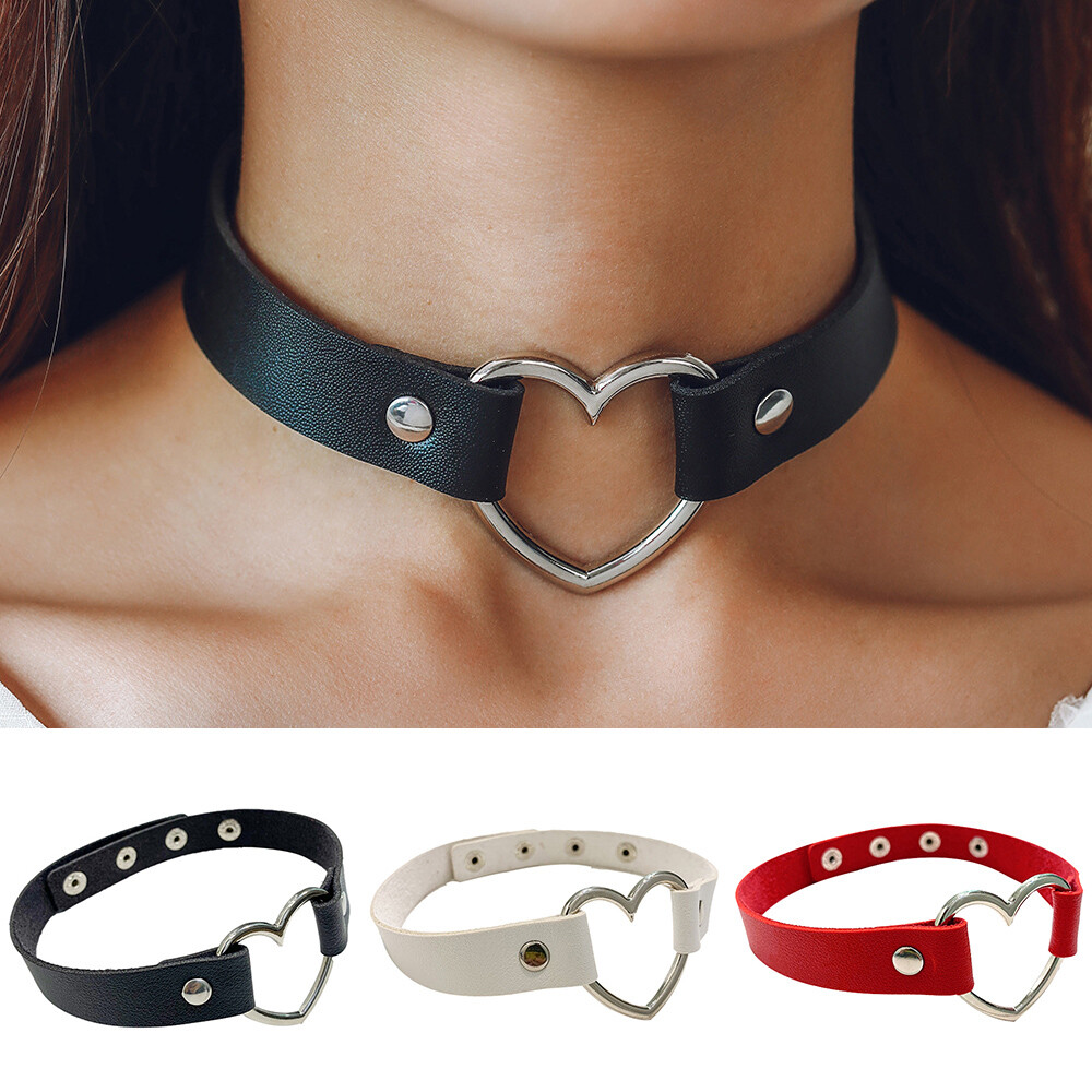 Womens Choker Collar Necklace Heart Ring PU Leather Charm Gothic Punk Girls•