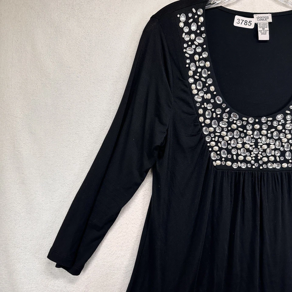 Charming Charlie Women's Size Medium Embellished Neck Detail Blouse Black - Image 3 of 4