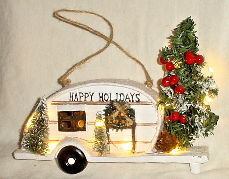 HAPPY HOLIDAYS WOODEN RETRO CAMPING TRAILER DECORATED w TREES & LIGHTS