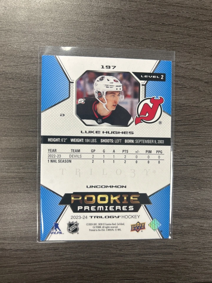 2023-24 Upper Deck Trilogy - Uncommon Rookies Luke Hughes #197 337/699 (RC) - Image 2 of 2