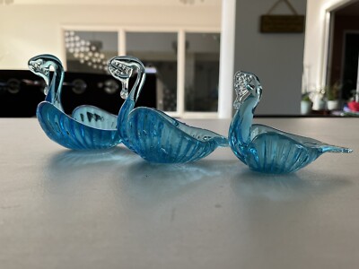 Beautiful Hand Blown Blue Swans Set Of 3 Nesting Decorative Trinket Dish