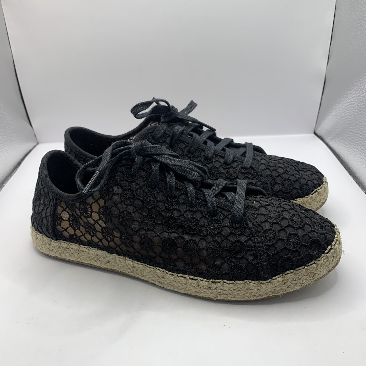 Toms Lena Black Mosaic Mesh Espadrille Lace Up Flat Shoes Size