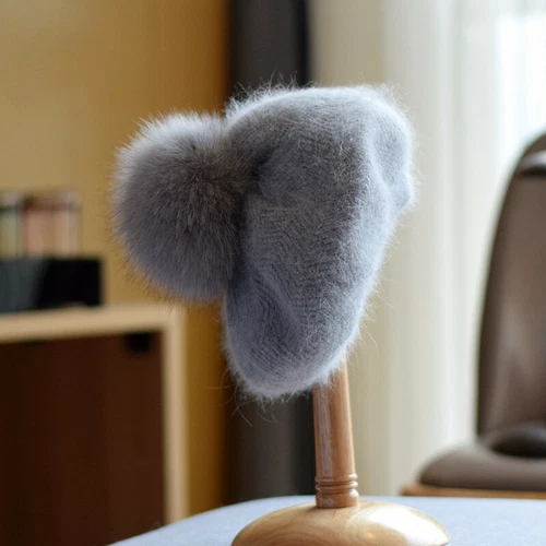 New Women Knitted Hat Real Fox Fur Pom Pom Beret Rabbit Fur Warm Cute Cap Winter - Picture 16 of 18