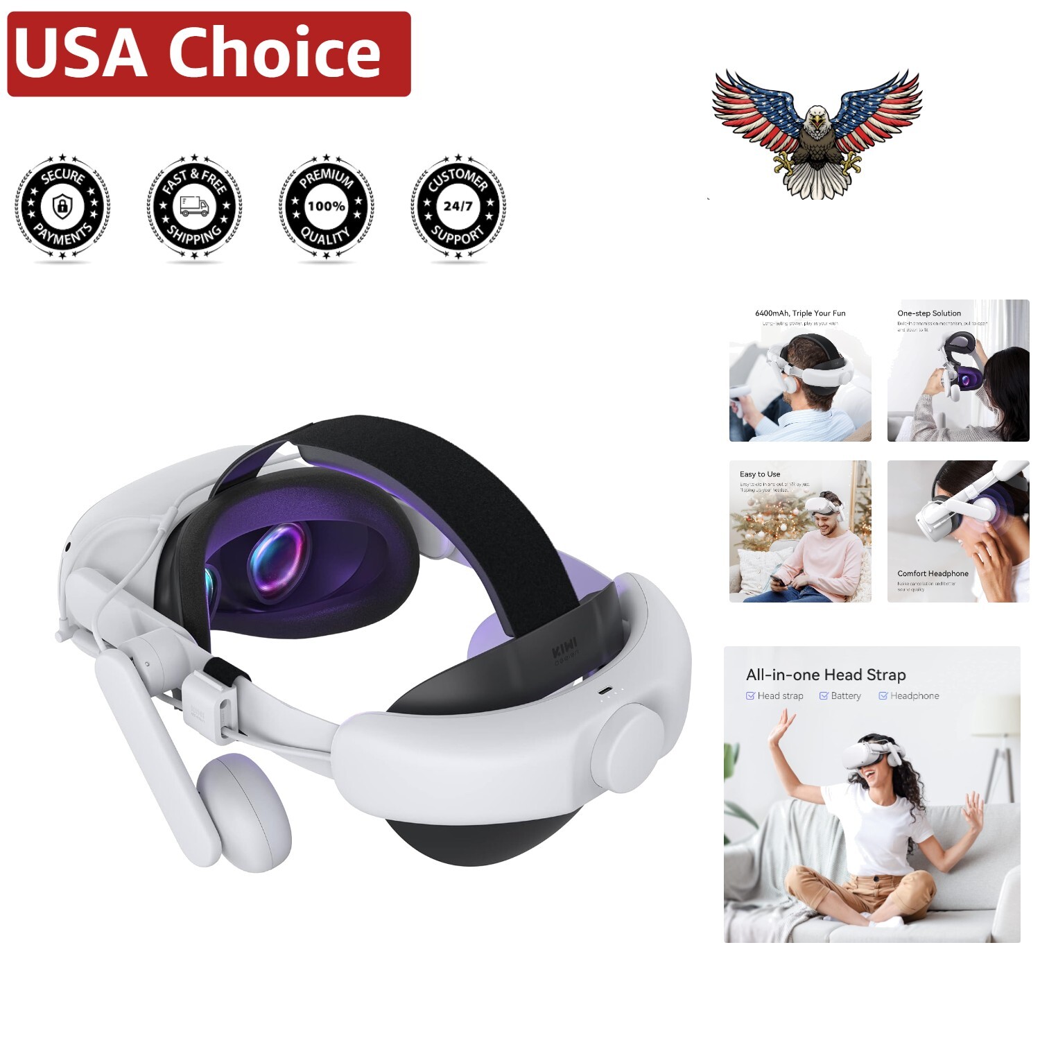 Comfort Head Strap with 6400mAh Battery for Quest 2 - Immersive Audio Experience