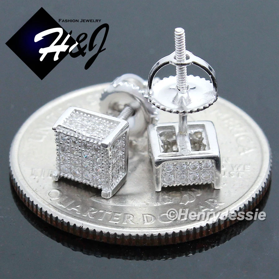 男式女式纯色 925 纯银 6 毫米 ICY BLING CZ 3D 方形耳钉*E96 — 第 2/3 张图片