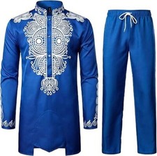LucMatton African 2 Piece Set Long Sleeve ROYAL BLUE Print Dashiki and Pants MED