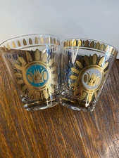 2 Vintage Georges Briard Barware Glasses Low Ball Mid Century Crown Gold Blue