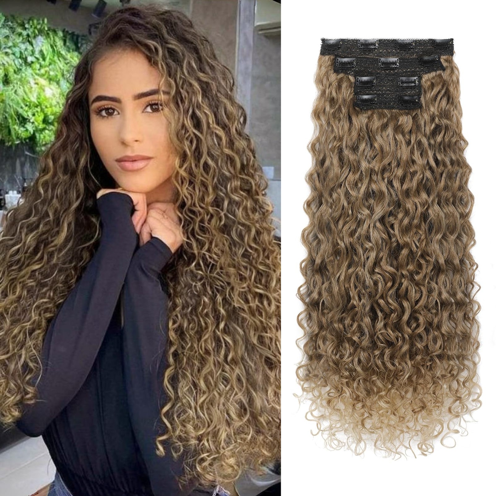 LONAI 4PC Clip-in Hair Extensions 26" Curly Silk Natural Dark Blonde to Light Br