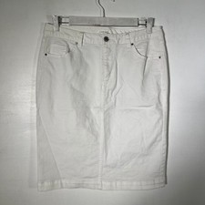 Trenery Denim Pencil Skirt Womens Size 10 White Midi Back Slit Stretch Cotton