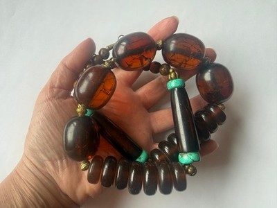 Vintage Ethnic Tibetan style translucent Cognac Amber Resin &bone necklace174g