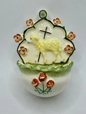 RARE Vtg GOEBEL Lamb Cross Flowers Germany Porcelain Bisque Holy Water Hall Font