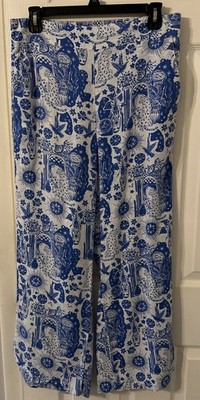 Cynthia Rowley Linen Blend Pants Tropical Beach Coastal Print Wide Leg Medium