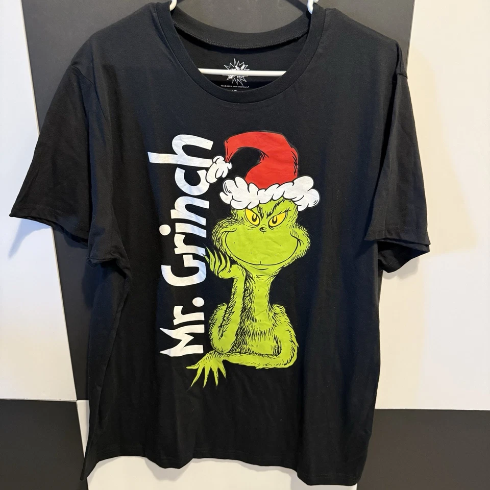 Camiseta Oficial Dr. Seuss El Grinch Negra Unisex Sombrero de Papá Noel Navidad talla Lg Foto 3 de 4