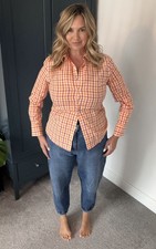 Lands' End Orange Cotton Check Fitted Blouse Size 10 No Iron Long Sleeve