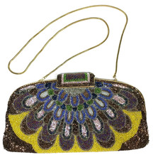  STUNNING Glass Beaded Peacock Pattern Clutch Shoulder Bag/Purse Snake Chain