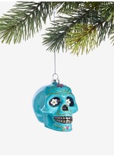 Day of the Dead Glass Skull Christmas ornament, Turquoise NWT
