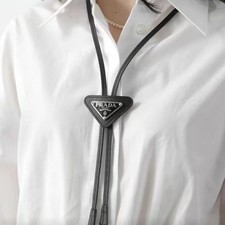 Prada Black Triangle Logo Bolo Tie Thin Strin...