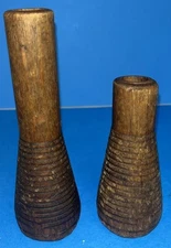 Vintage Pair Wood Beehive Bobbins Spool Spindles Candle Holders