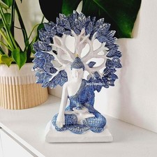 Thai Buddha Meditating Sculpture Blue White Tree Of Life Figurine Ornament Zen