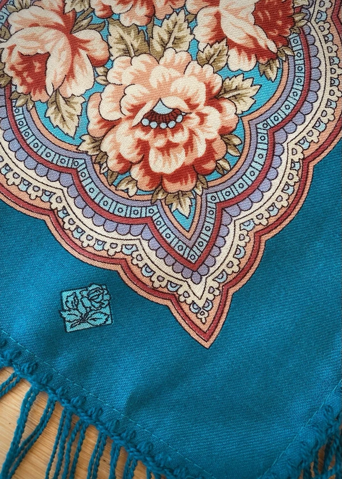 💠 Mantón de Lana Pavlovo Posad - 100% Lana - 89x89 cm - Auténtico, Raro Color Verde Azulado Foto 3 de 4
