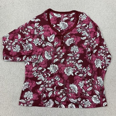 White Stag Tee Henley Shirt Women's Plus 1X Long Sleeve Red Floral Print