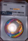 1883 MORGAN SILVER DOLLAR INTENSE RAINBOW TONING PCI .