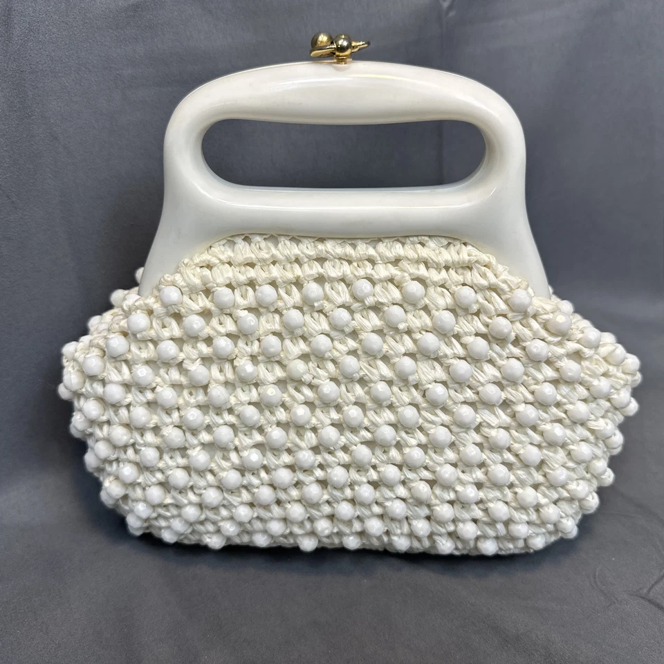 Vtg 60’s Gaymode white Raffia Straw Purse Kiss Lock Celluloid Handle Italy 9"x8" - Image 3 of 4