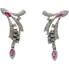 18k White Gold VS Diamond & Pink Sapphire Drop Dangle Earrings 1.24CT