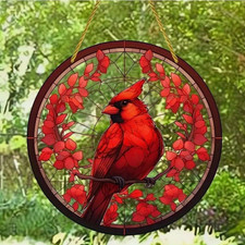 Red Cardinal Round Hanging Decor Bird Suncatcher Window Wall Art Home Decor