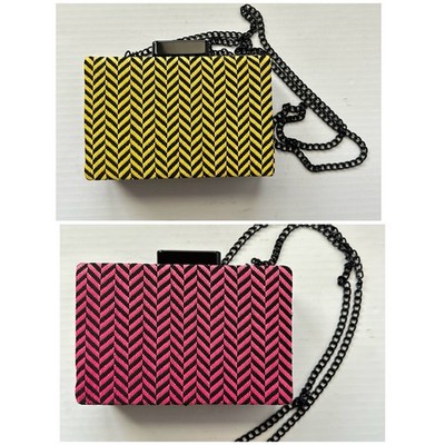 Zara Herringbone Pink Yellow Woven Minaudiere Box Clutch Purse