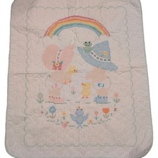 Vintage Cross Stitch Diaper Pals Crib Quilt 38x34 Boy Girl Frog Rainbow Birds