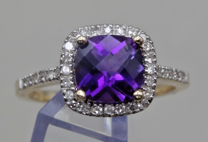 EMA 14K Gold Amethyst Diamond Cushion Cut Halo Ring Size 7.25