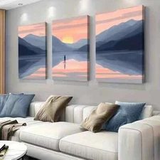 3pcs Lakeside at Dusk Modern Mountain Painting Wall Art Canvas Framed 50x70cm