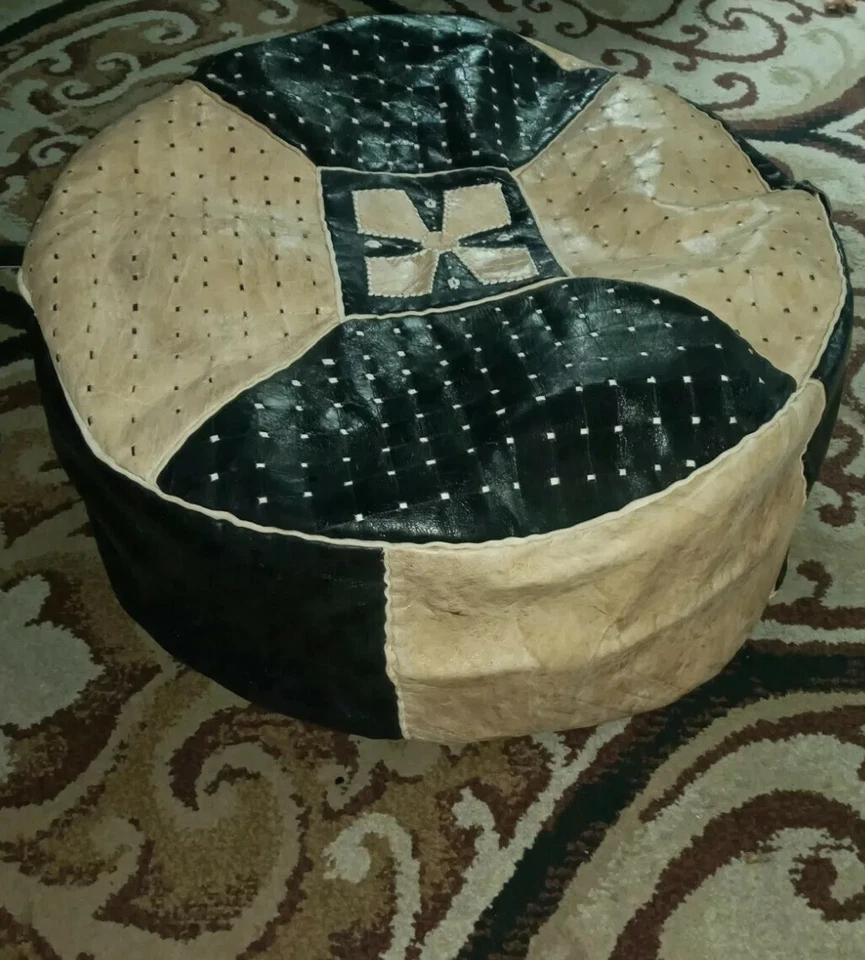 New Handmade POUF Genuine Leather Pouffe Ottoman Footstool round floor pillow  - Image 3 of 4