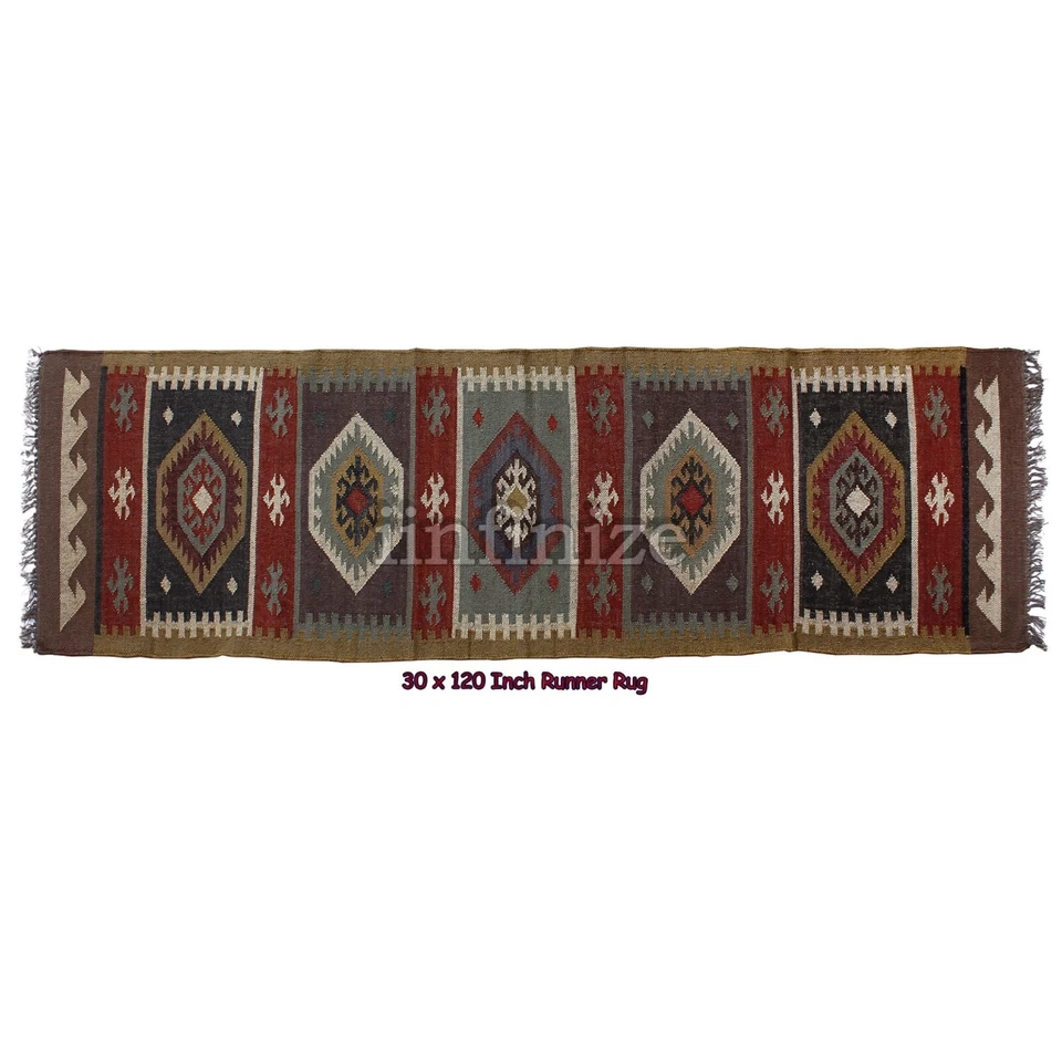 Rustic Handmade Wool Jute Rug Runner 30x96" Boho Reversible Kilim Stair Yoga Mat - Image 4 of 4