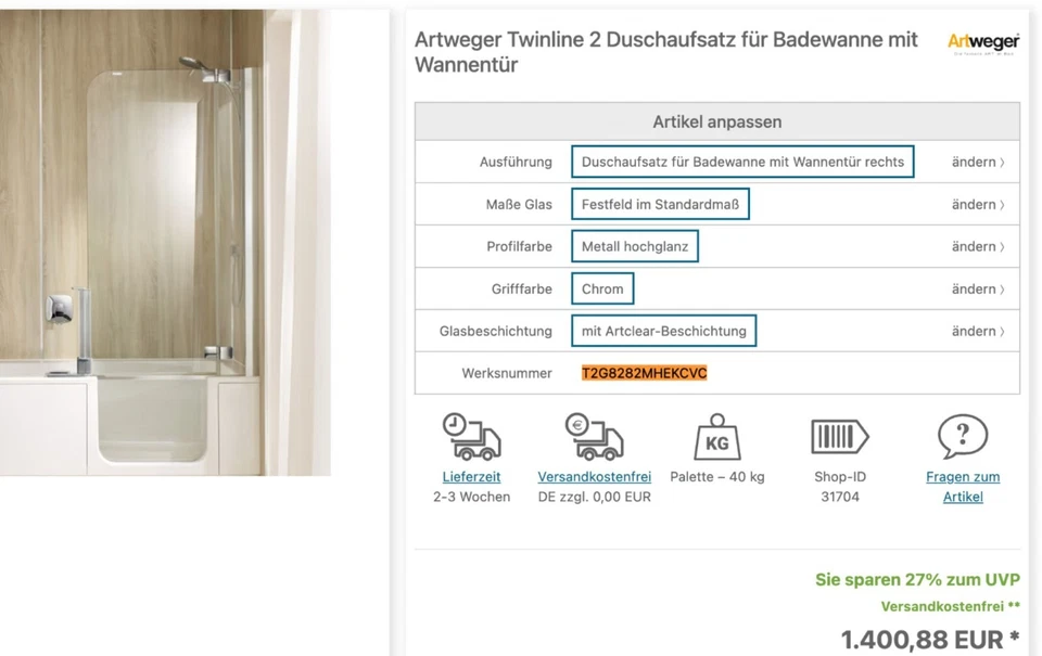 Artweger Twinline 2 Duschaufsatz für Badewanne mit Wannentür - Bild 2 von 3