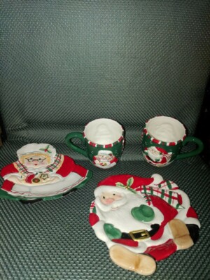 Vintage Original Fitz & Floyd Christmas Santa & Mrs Claus Plate and Mug Set