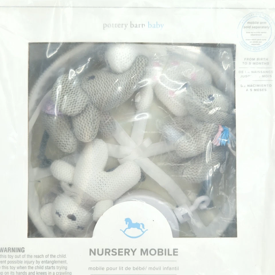 POTTERY BARN Baby Nursery Mobile Knit Animals Brahms Lullaby Elephant Bear NEW - Image 2 of 4