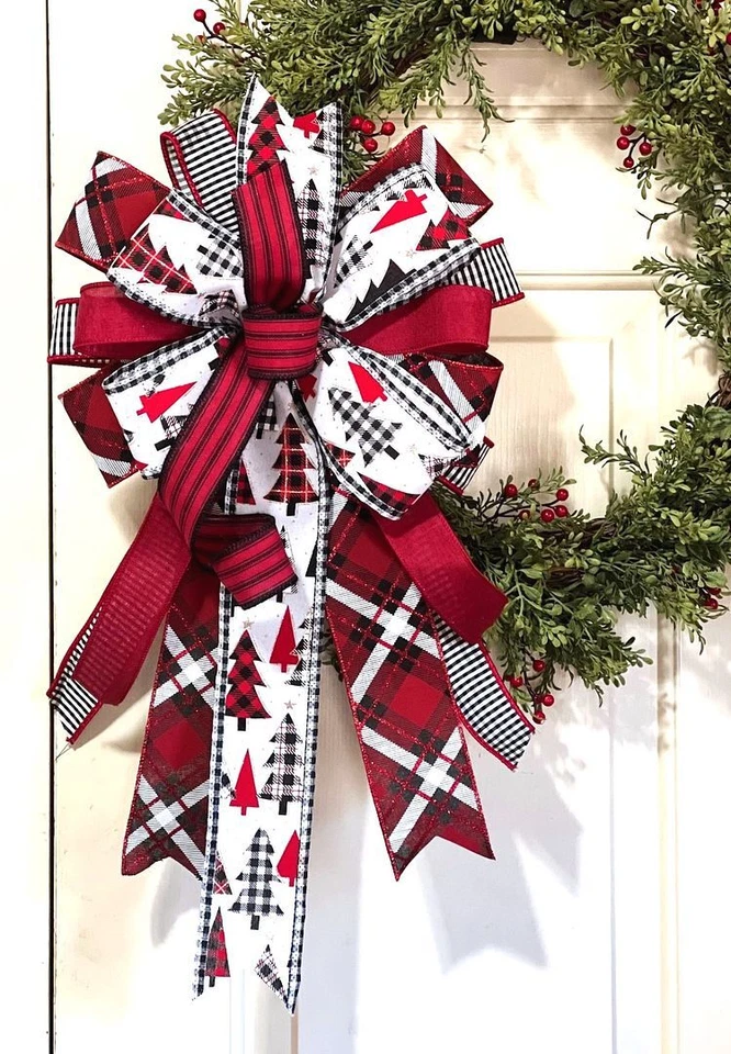 10 " BUFFALO CHECK PLAID TREES, WIRED BOW for DOOR WREATH SWAG MAIL # 161 rb - Image 4 of 4