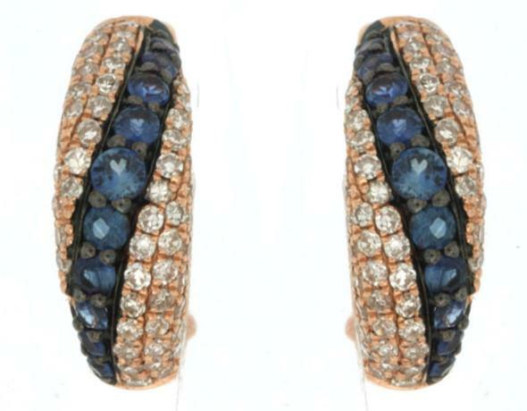 ORECCHINI PENDENTI DIAGONALI MULTI FILA ORO ROSA 14KT DIAMANTI E ZAFFIRO AAA .98CT