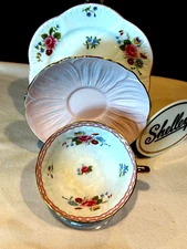 Shelley Trio Tea Cup & Saucer Set Oleander Shape Pink Red Rose Daisy