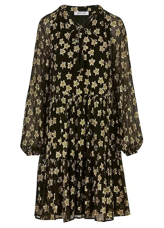 Together Schwarz/Gold Star Jacquard Abgestuft Kleid Übergröße UK 26 (fm168-3) - Bild 2 von 3