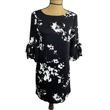 H&M Navy Satin Floral Shift Dress Size 4 Sleeve Bow Cuff Elegant Cocktail NWT